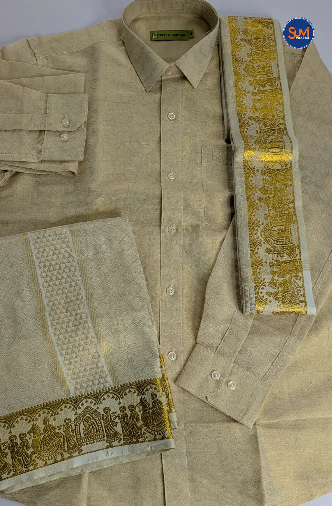 Premium Pallakku Embossed Cotton Tissue  Dhoti Set - Cream