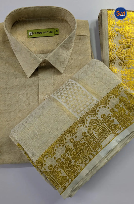 Premium Pallakku Embossed Cotton Tissue  Dhoti Set - Cream
