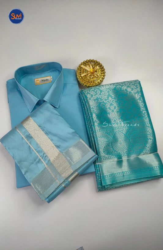 Premium Silk Couple Combo Set - Sky Blue