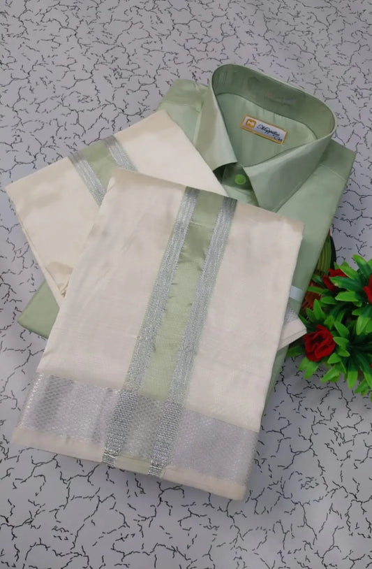 Premium Silk Dhoti Set with Colour Zari - Marine Green