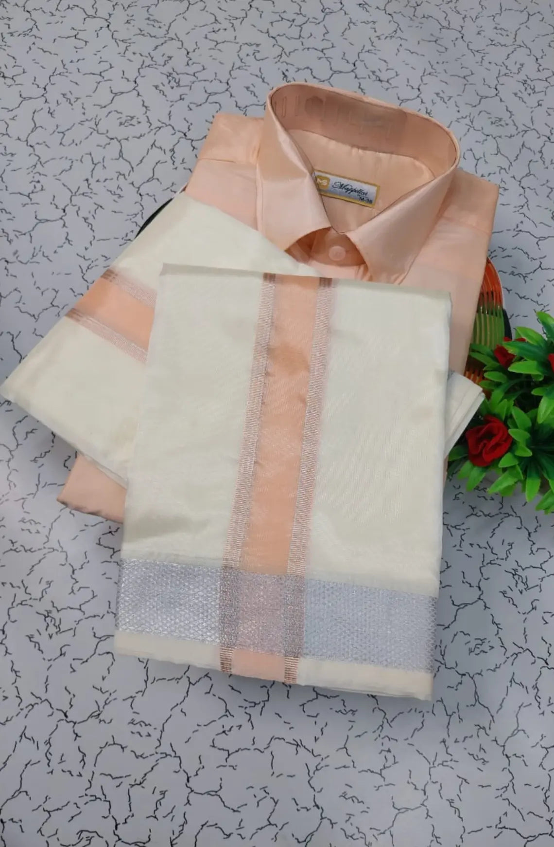 Premium Silk Dhoti Set with Colour Zari - Peach