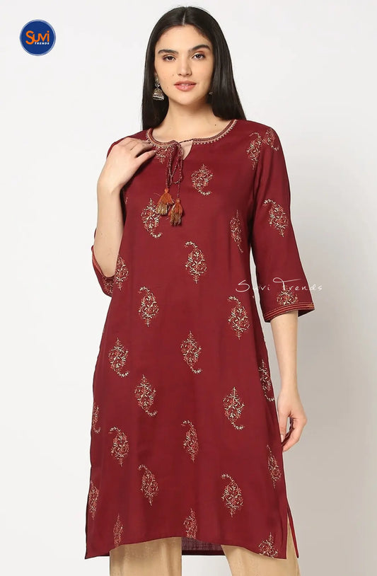Printed Straight Kurta with Tassels - Maroon
