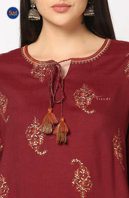 Printed Straight Kurta with Tassels - Maroon
