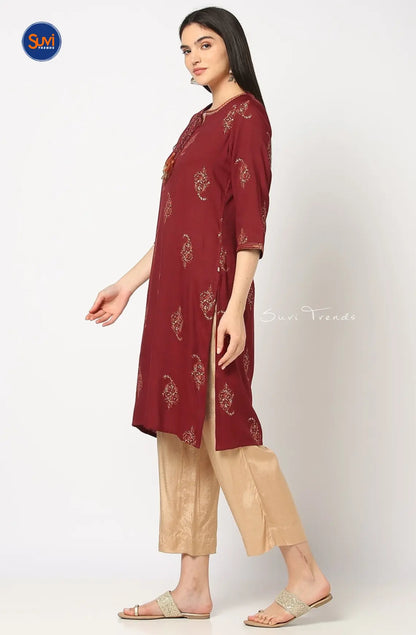 Printed Straight Kurta with Tassels - Maroon