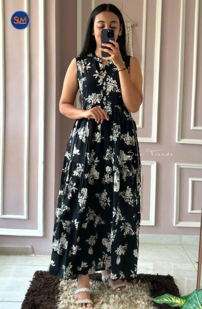 Pure Cotton Sleeveless Long Dress - Black