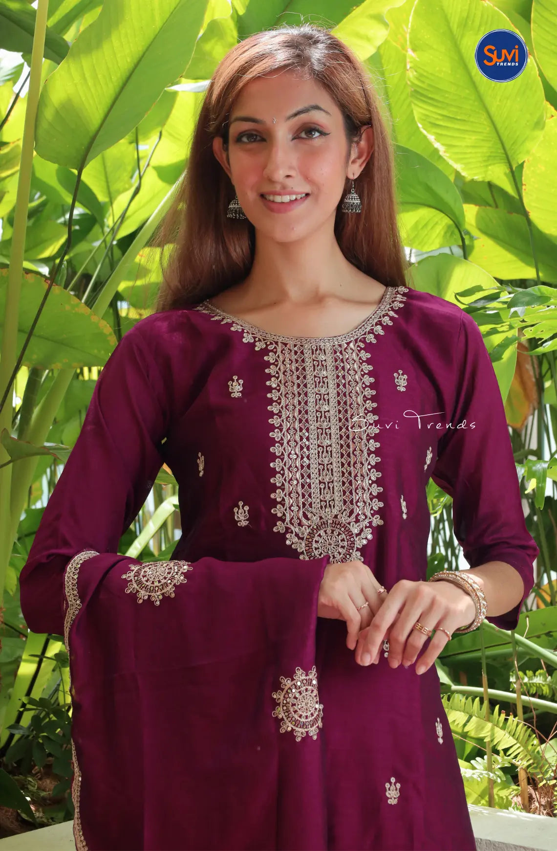 Pure Muslin Suit Set with Heavy Embellishment - Magenta