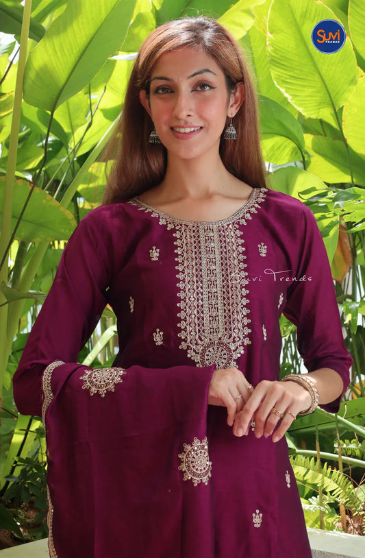 Pure Muslin Suit Set with Heavy Embellishment - Magenta