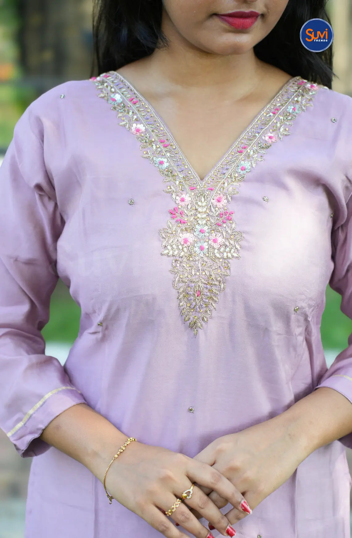 Roman Silk Suit Set with Embellished Neckline - Lavendar