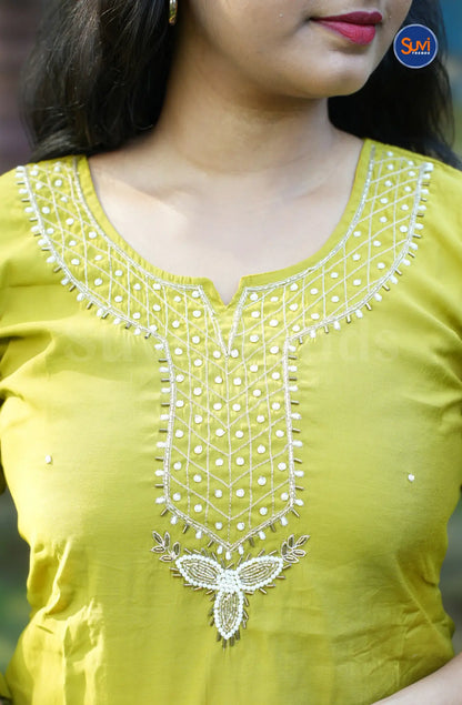 Roman Silk Suit Set with Embellished Neckline - Lemon Yellow
