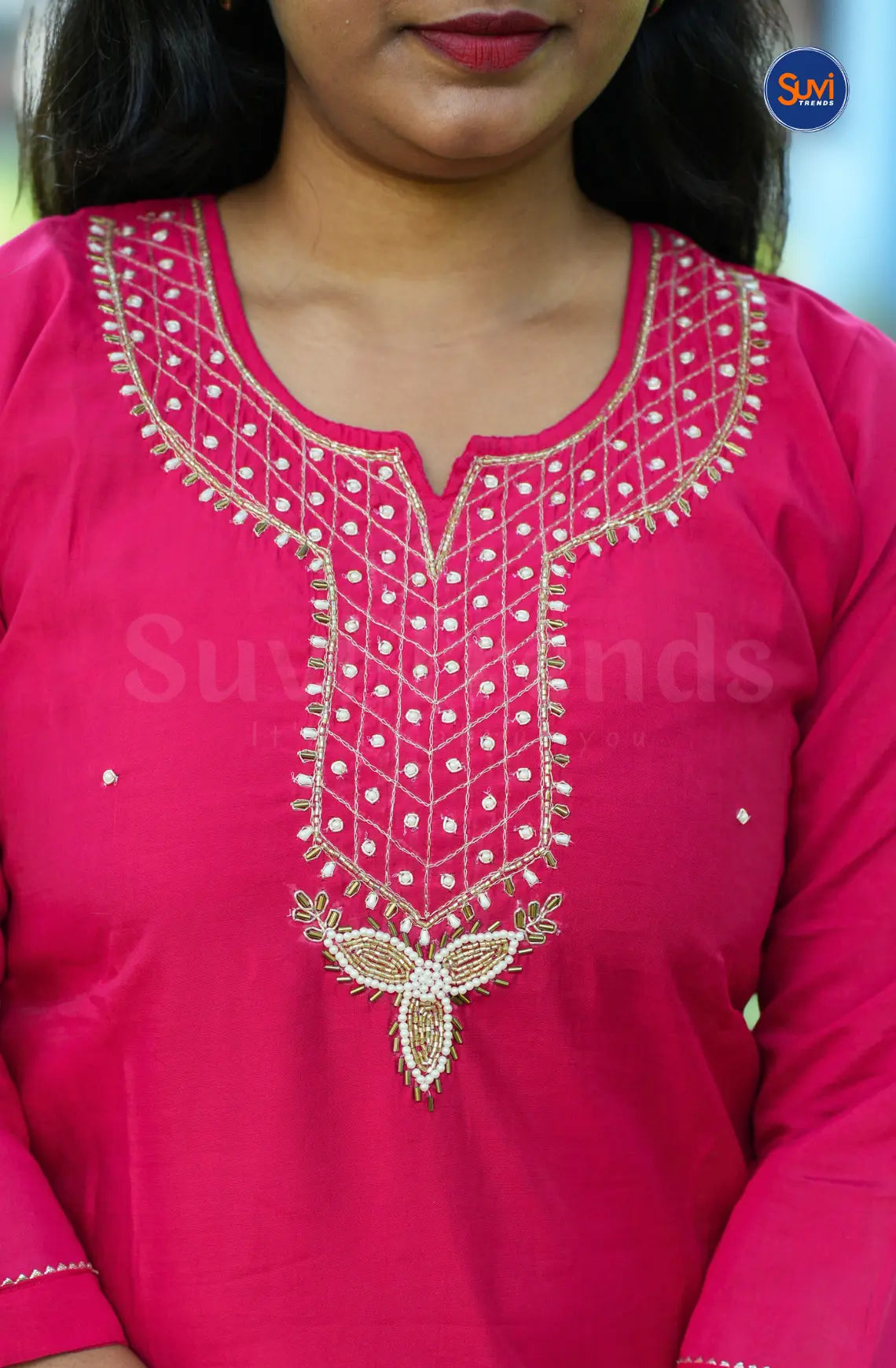 Roman Silk Suit Set with Embellished Neckline - Rani Pink