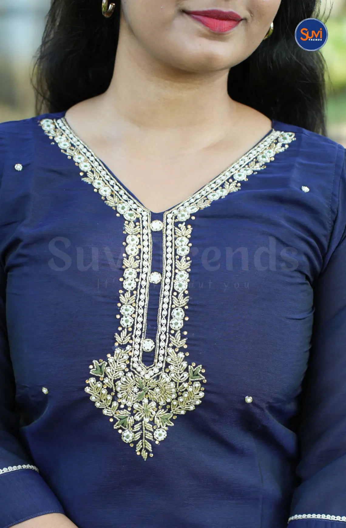 Roman Silk Suit Set with Embellished Neckline - Navy Blue