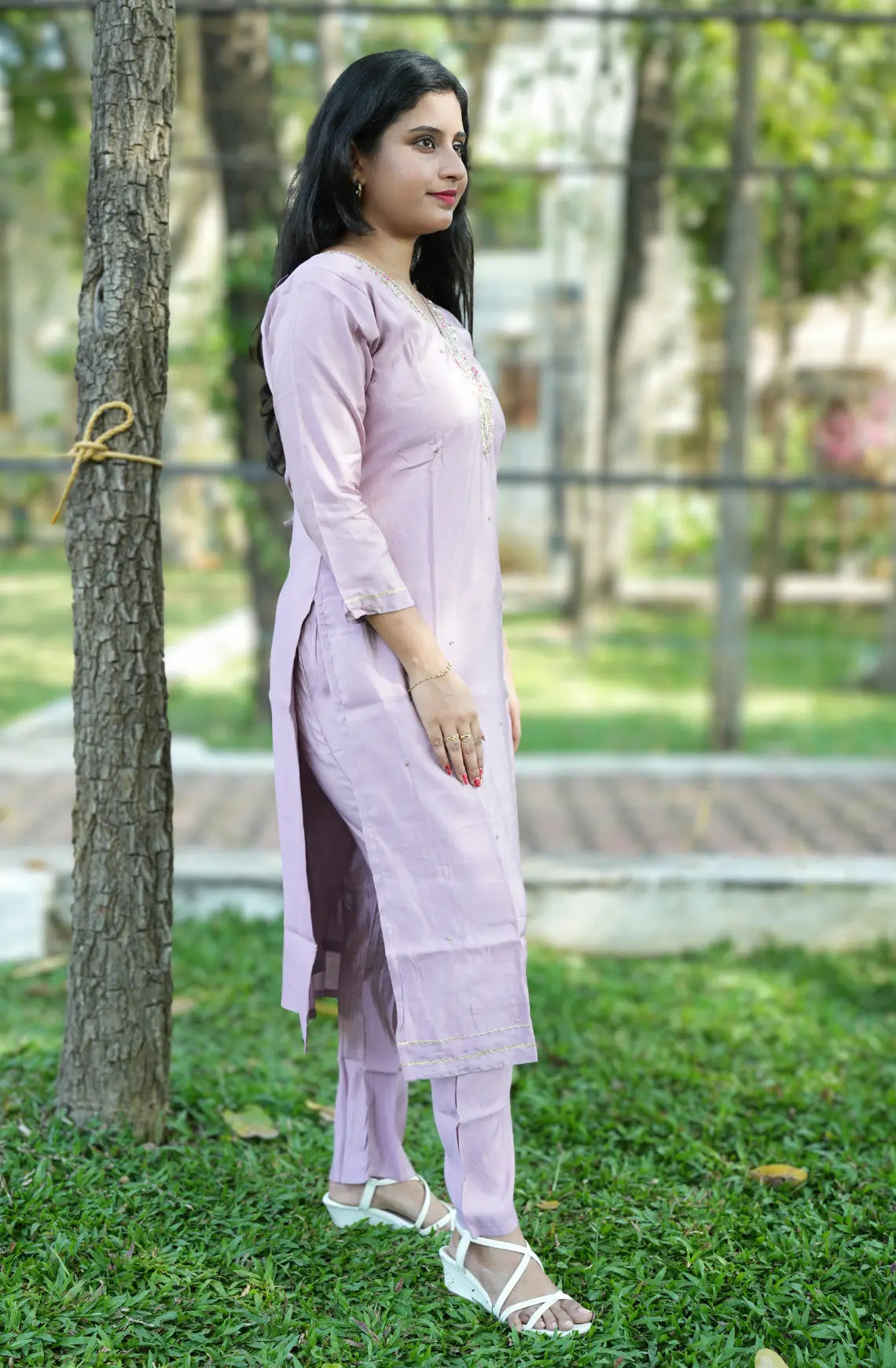 Roman Silk Suit Set with Embellished Neckline - Lavendar