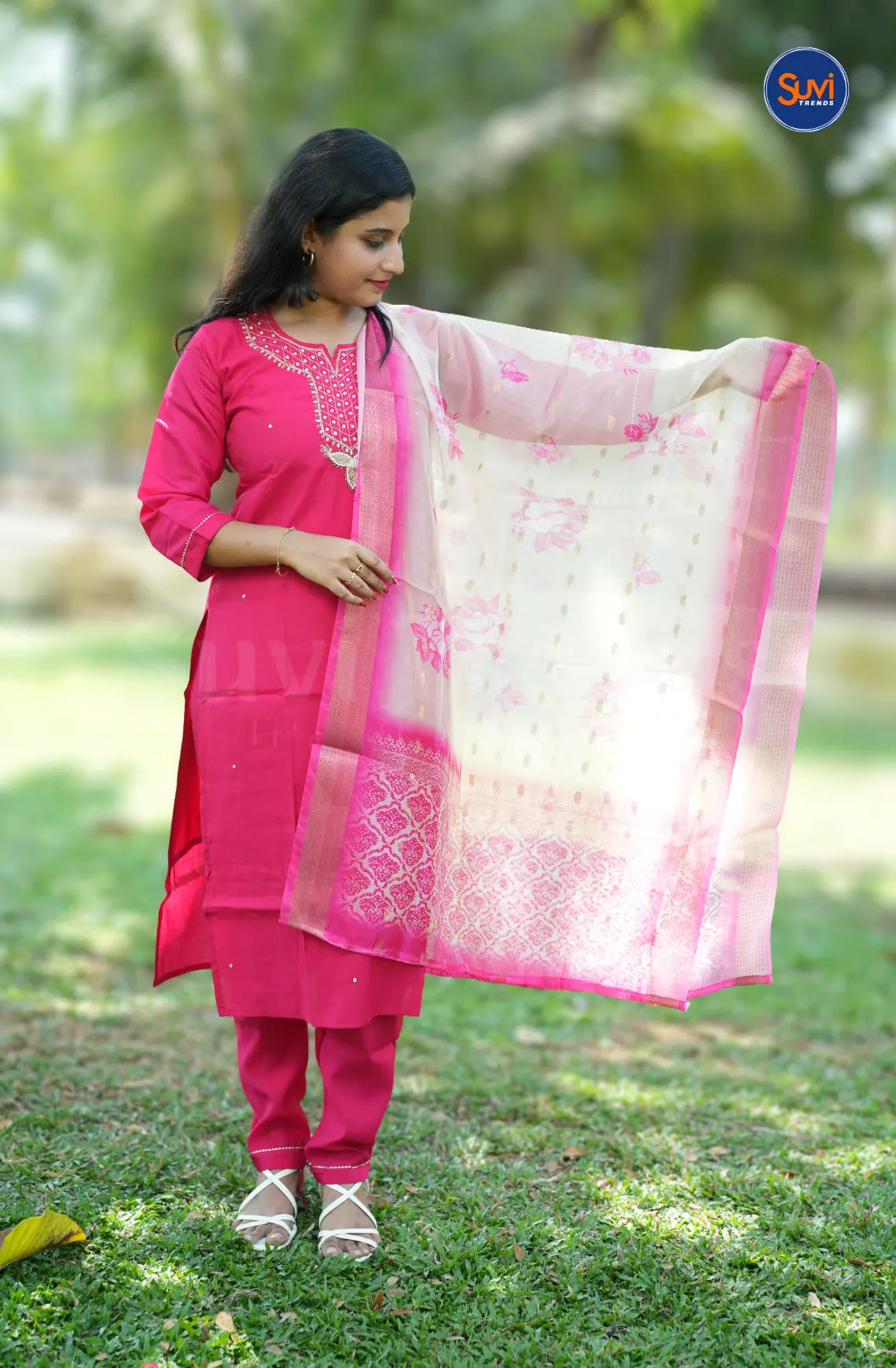 Roman Silk Suit Set with Embellished Neckline - Rani Pink