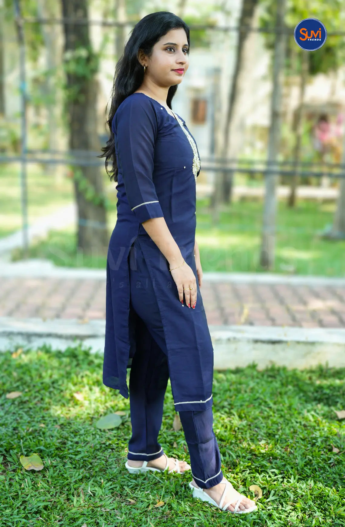 Roman Silk Suit Set with Embellished Neckline - Navy Blue