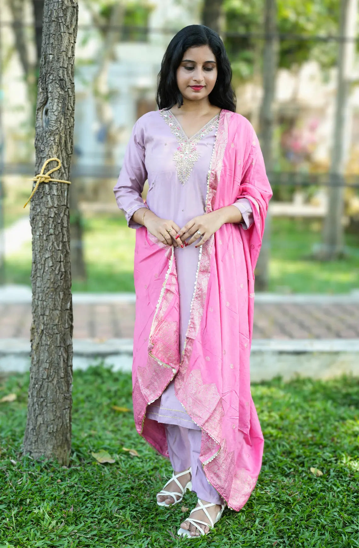 Roman Silk Suit Set with Embellished Neckline - Lavendar