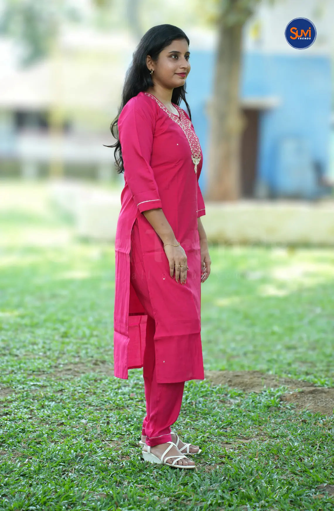 Roman Silk Suit Set with Embellished Neckline - Rani Pink
