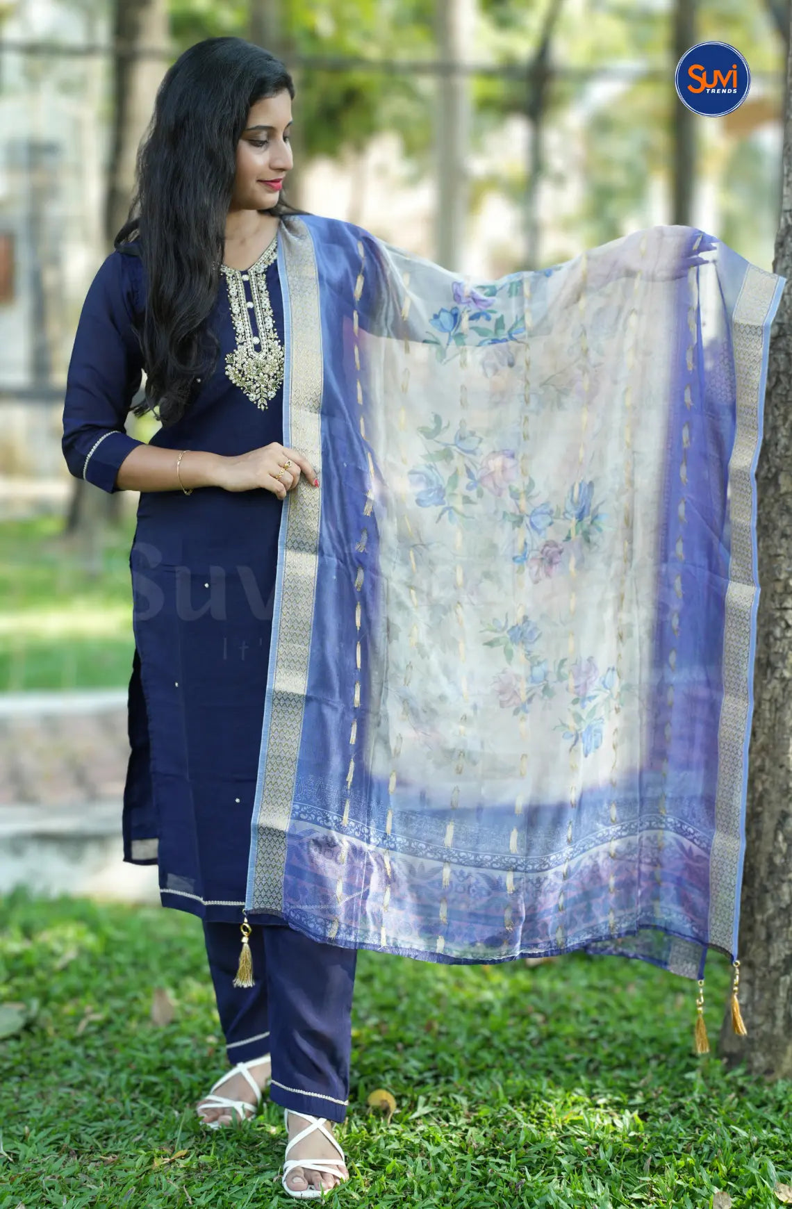 Roman Silk Suit Set with Embellished Neckline - Navy Blue