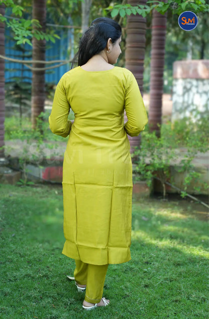 Roman Silk Suit Set with Embellished Neckline - Lemon Yellow