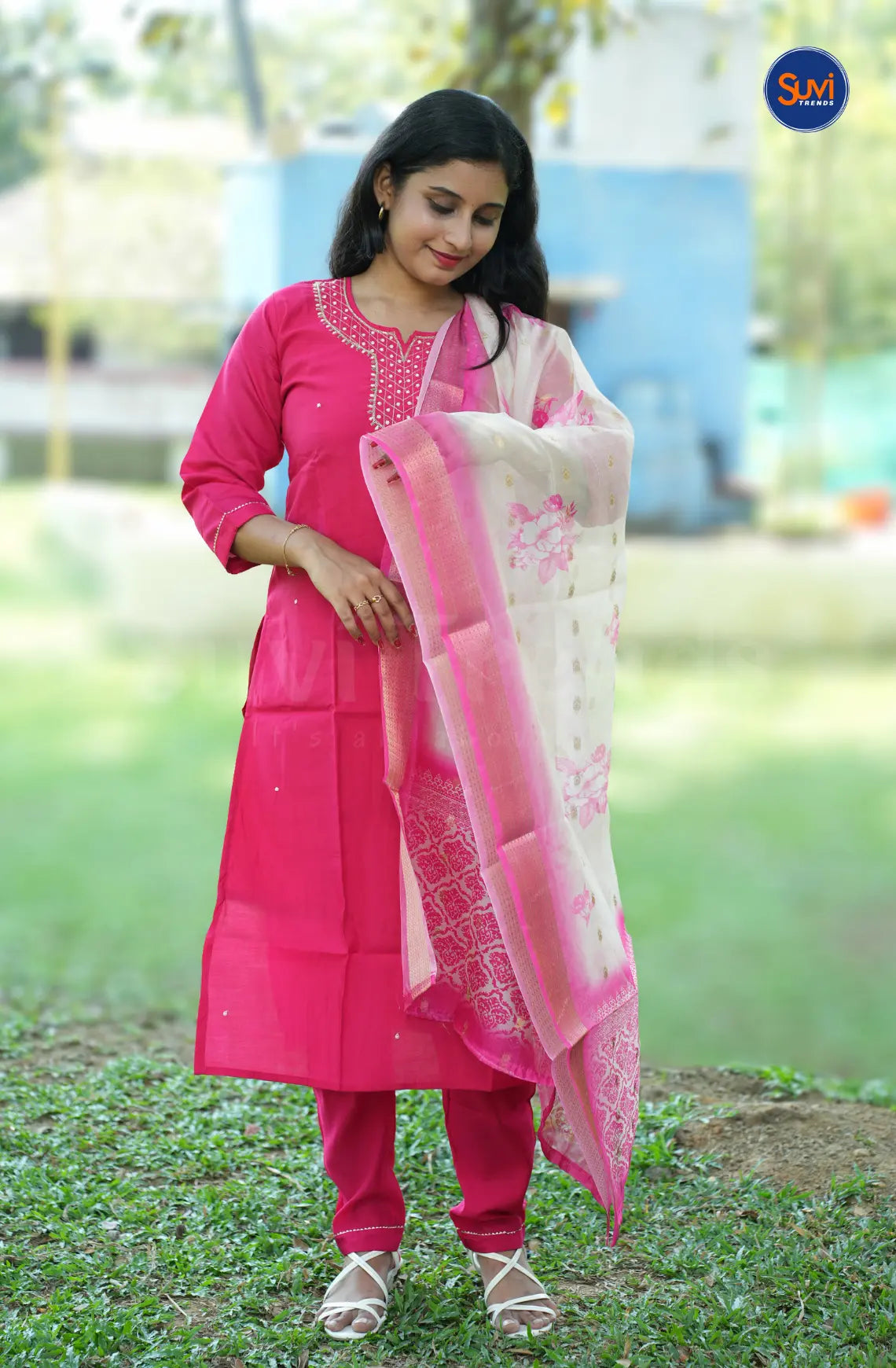 Roman Silk Suit Set with Embellished Neckline - Rani Pink