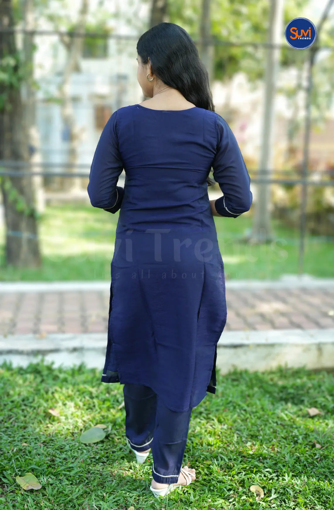Roman Silk Suit Set with Embellished Neckline - Navy Blue