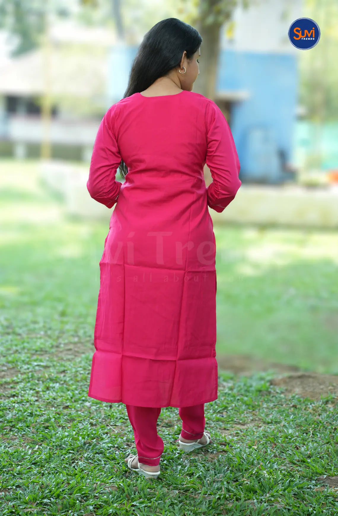 Roman Silk Suit Set with Embellished Neckline - Rani Pink