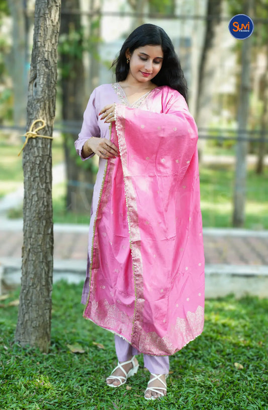 Roman Silk Suit Set with Embellished Neckline - Lavendar