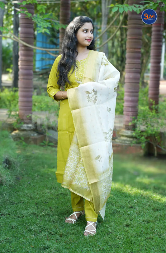 Roman Silk Suit Set with Embellished Neckline - Lemon Yellow