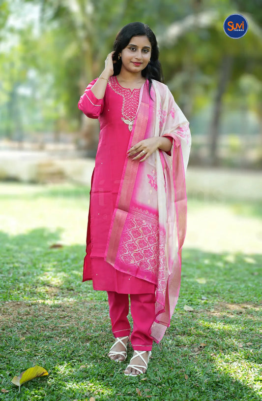 Roman Silk Suit Set with Embellished Neckline - Rani Pink