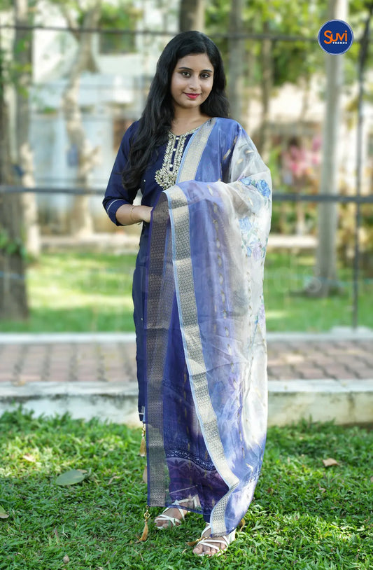 Roman Silk Suit Set with Embellished Neckline - Navy Blue