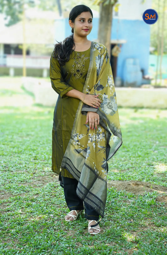 Roman Silk Suit Set with Floral Bead Work - Army Green