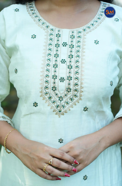 Roman Silk Suit Set with Sequins Embroidery Work - Pastel Light Green