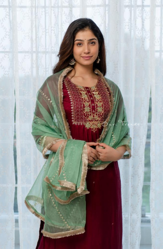 Ruby Silk Embroidered Suit Set - Maroon