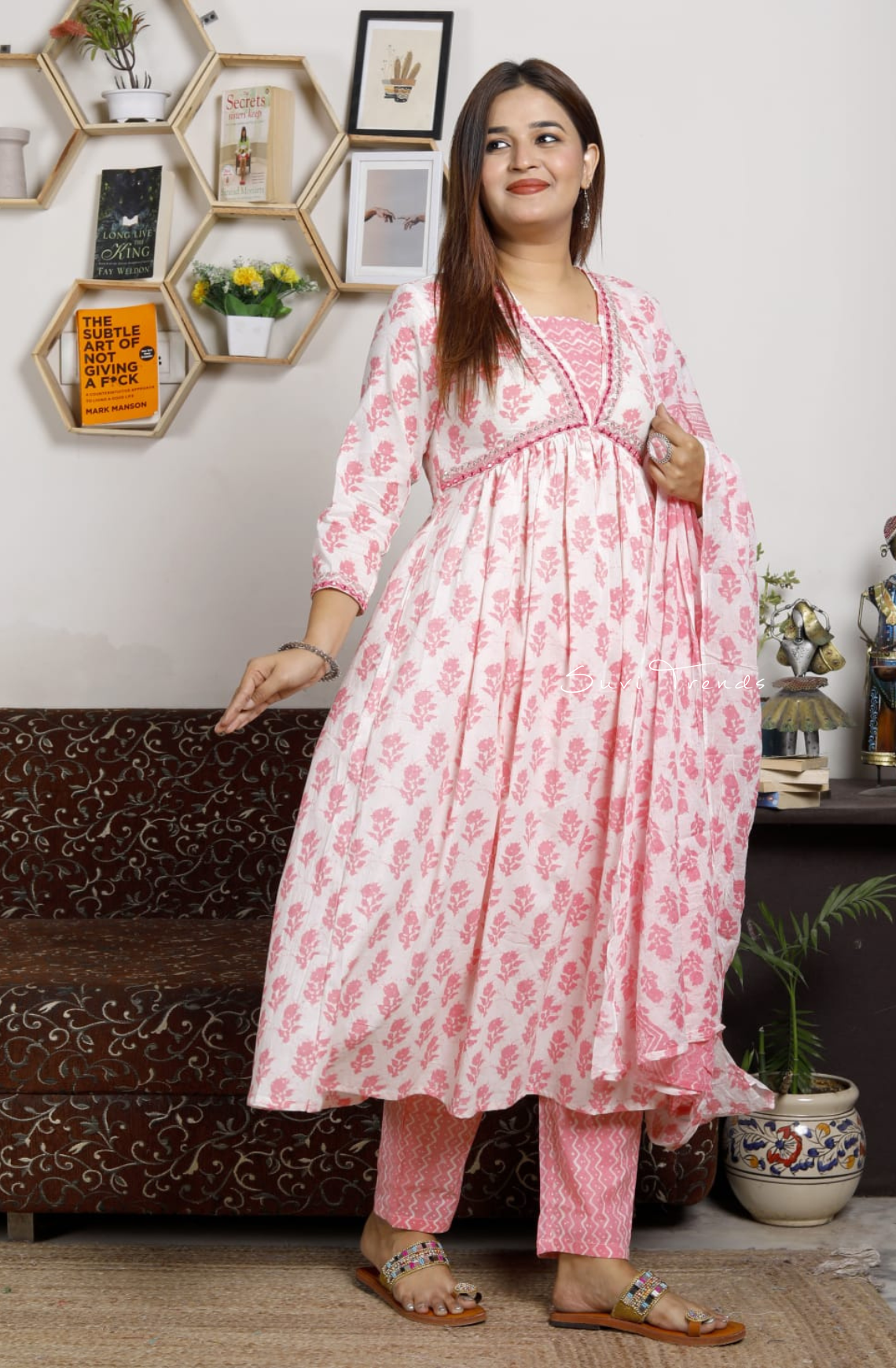 Aliya Cut Printed Anarkali Set - Pink