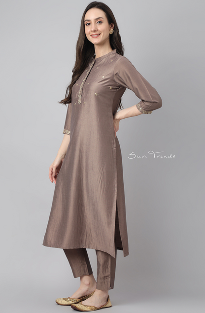Chinon Solid Kurta Set - Brown