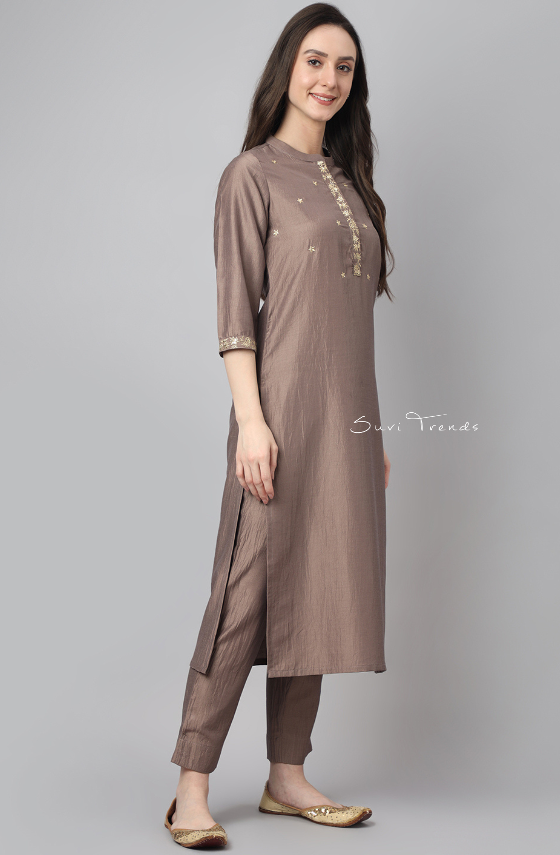 Chinon Solid Kurta Set - Brown