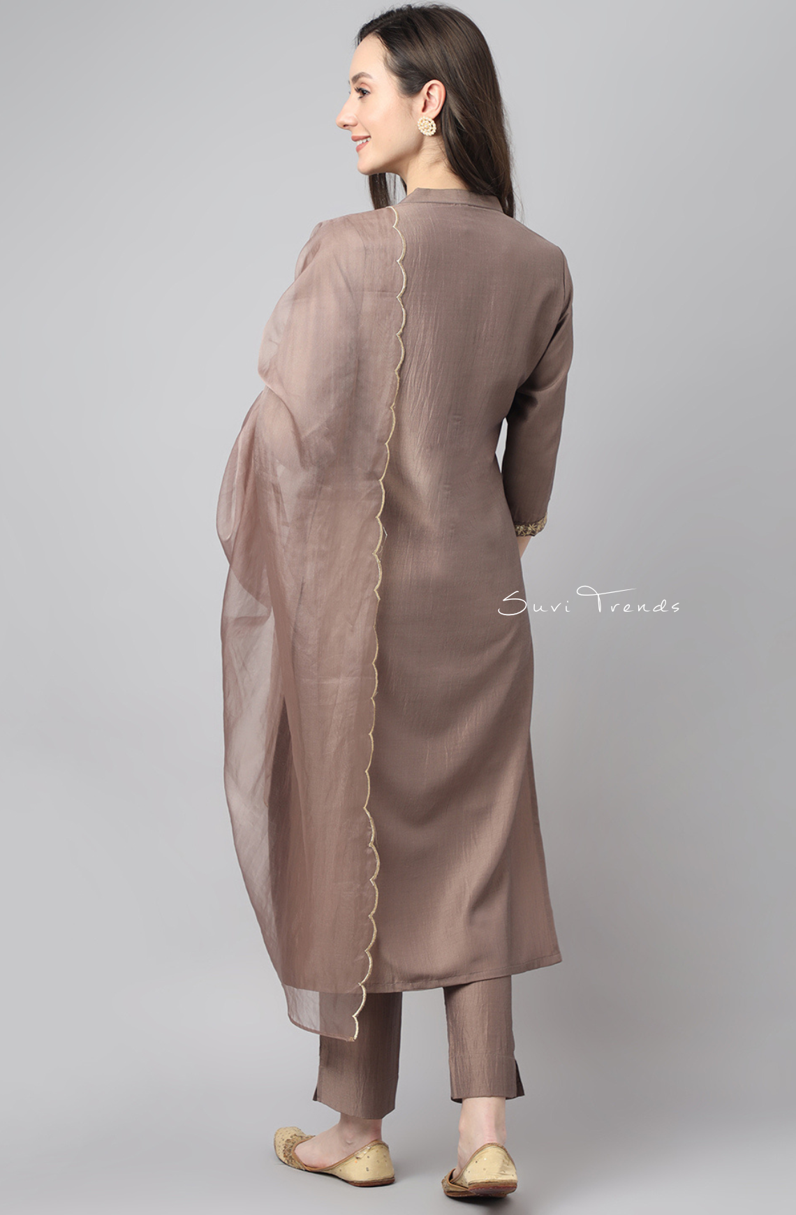 Chinon Solid Kurta Set - Brown