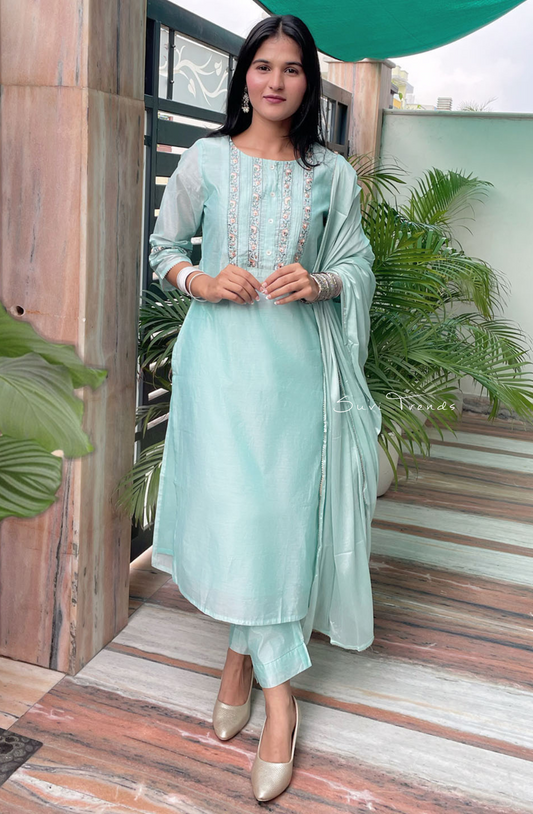 Chanderi Silk Embroidered Kurta Set - Sea Blue