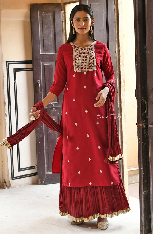 Embroidered Kurta with Skirt and Dupatta - Maroon