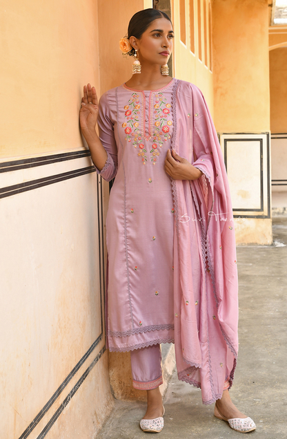 Floral Embroidered Kurta Set - Mauve