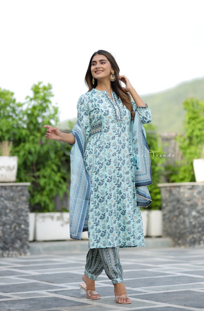 All Over Floral Printed Kurta Set - Sky Blue