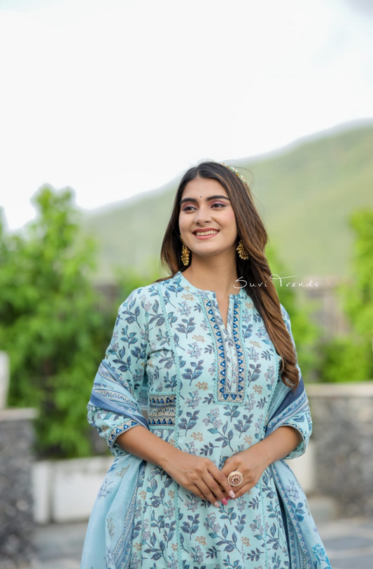 All Over Floral Printed Kurta Set - Sky Blue