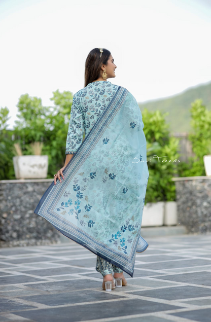 All Over Floral Printed Kurta Set - Sky Blue