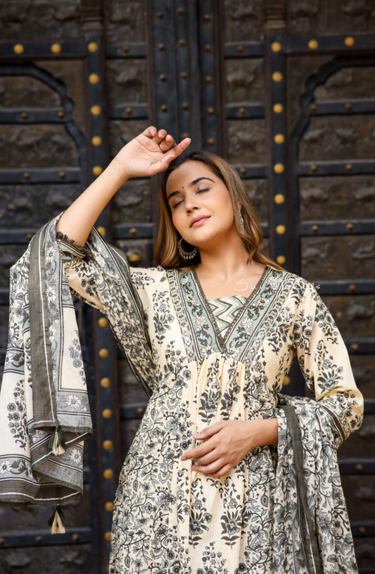All Over Floral Printed Kurta Set - Grey