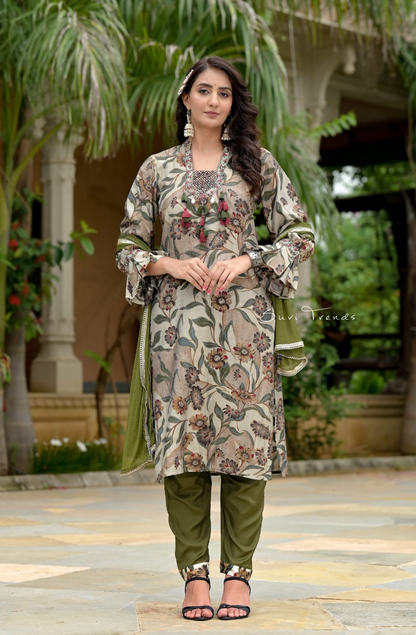 Floral Printed Kurta Set - Army Green