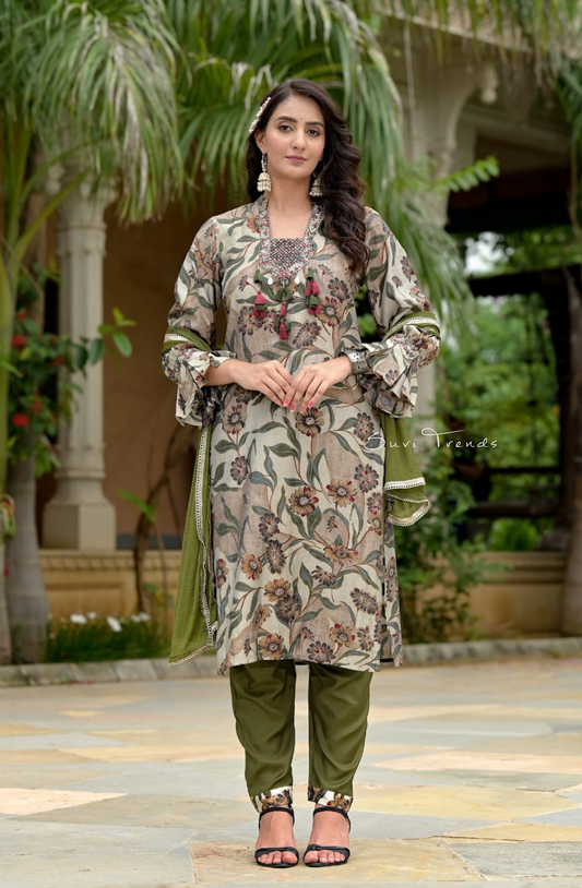 Floral Printed Kurta Set - Army Green