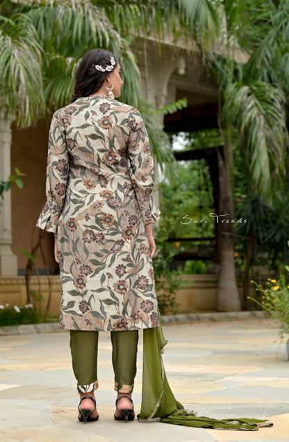 Floral Printed Kurta Set - Army Green