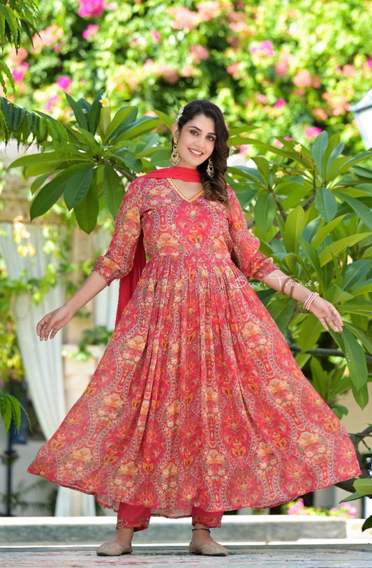 Traditional Printed Anarkali Set - Red