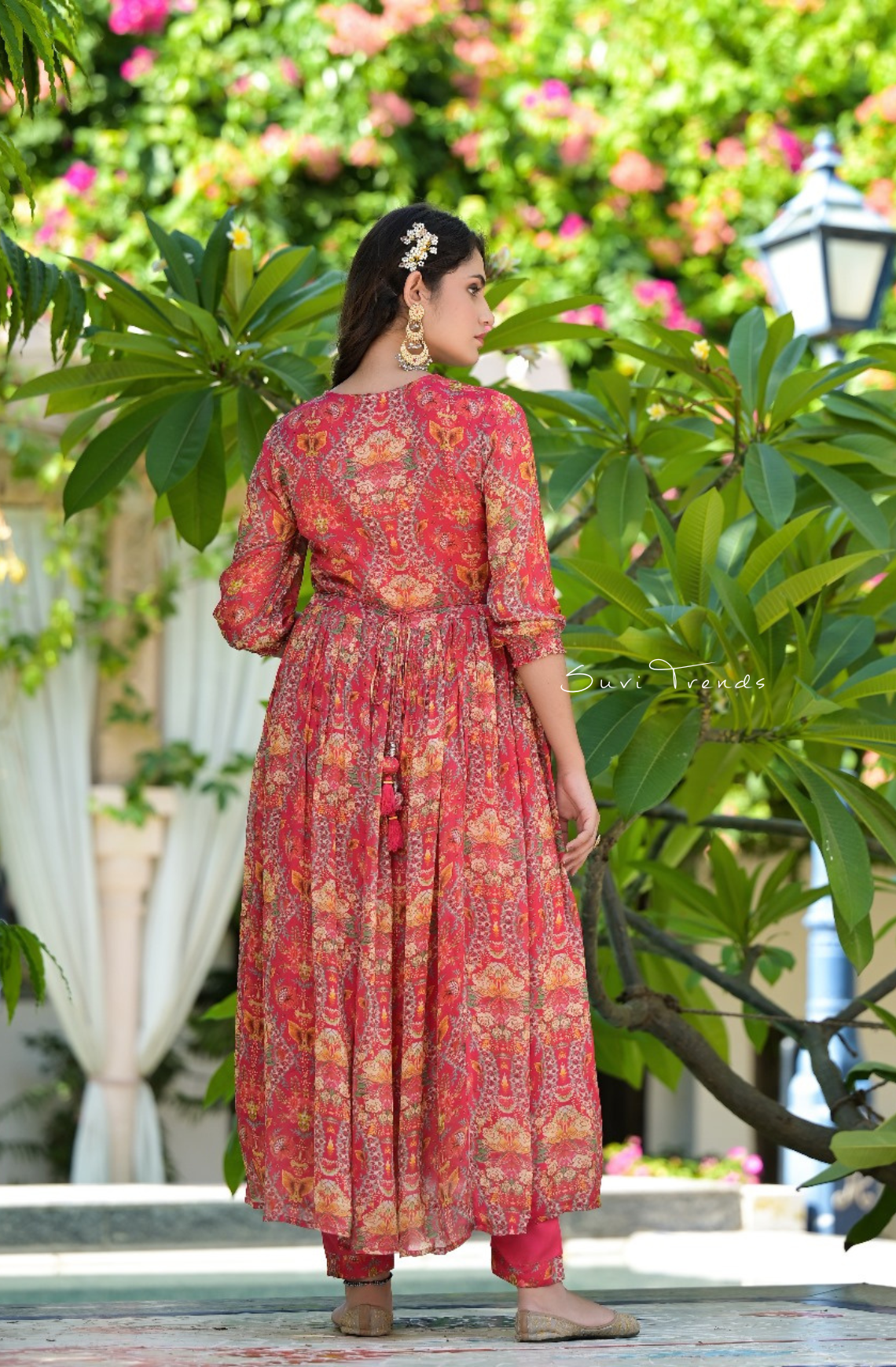 Traditional Printed Anarkali Set - Red