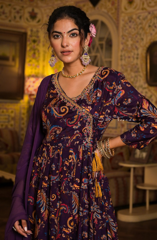 All Over Paisley Printed Angrakha Anarkali Set - Purple
