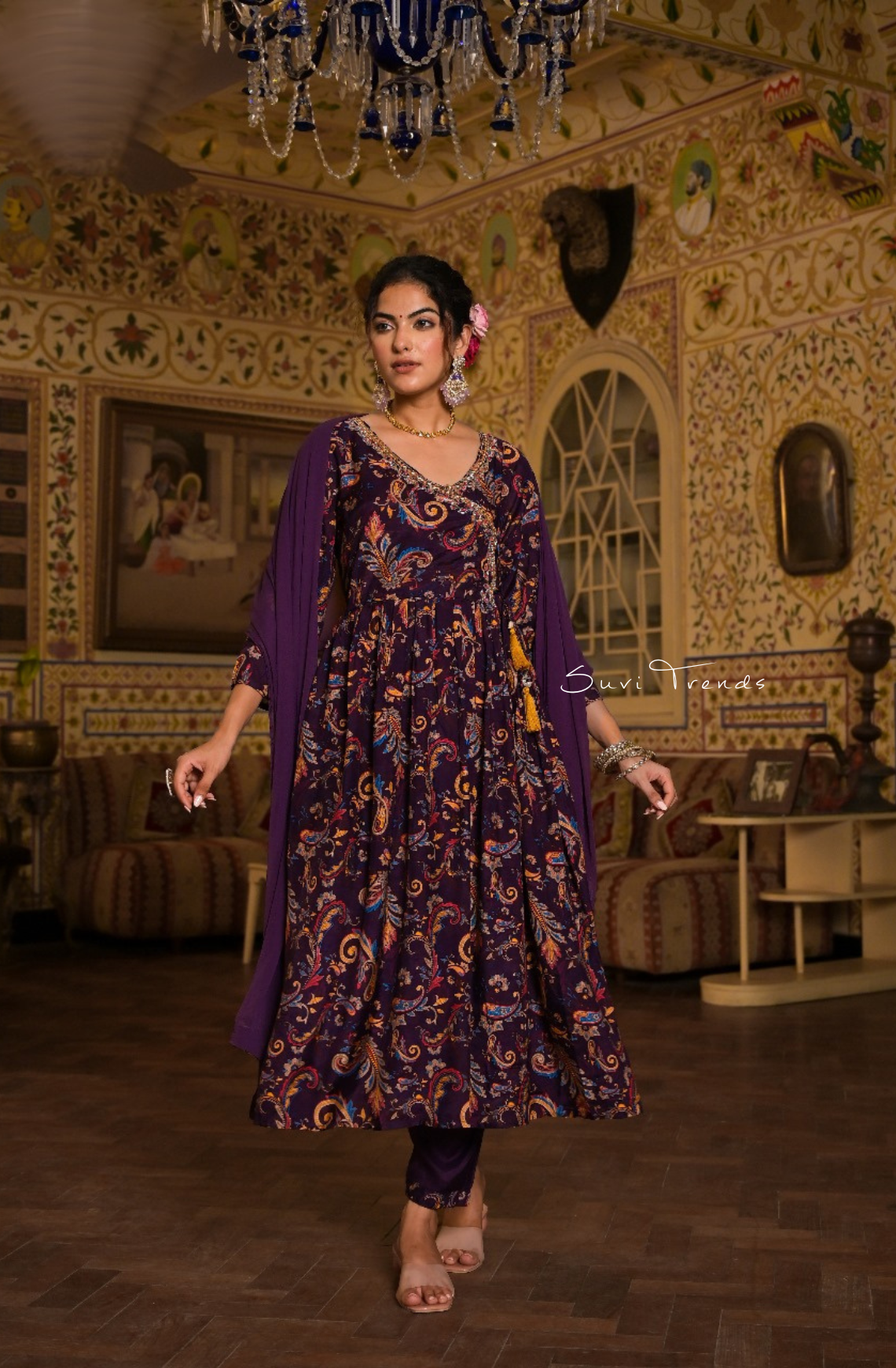 All Over Paisley Printed Angrakha Anarkali Set - Purple